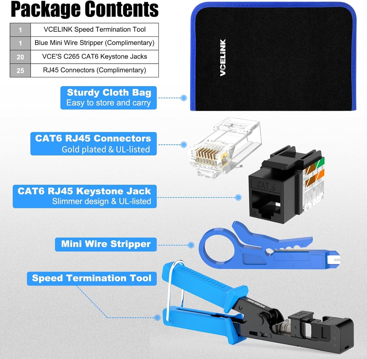 VCELINK Speed Termination Tool for VCE 90-Degree Keystone Jacks Punch Down Network Tool Kit with 20-Pack CAT6 Keystone Jacks UL-Listed Black, 25-Pack RJ45 Connectors, and 1-Pack Mini Wire Stripper