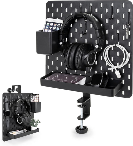 EHO Clamp-On Desk Pegboard, 13.5 x 14 inch Privacy Divider, Desk Partition Panel, No-Drill Desk Mounted Organizer, Combination Peg Board for Office, Gaming, Home, Plants, Black