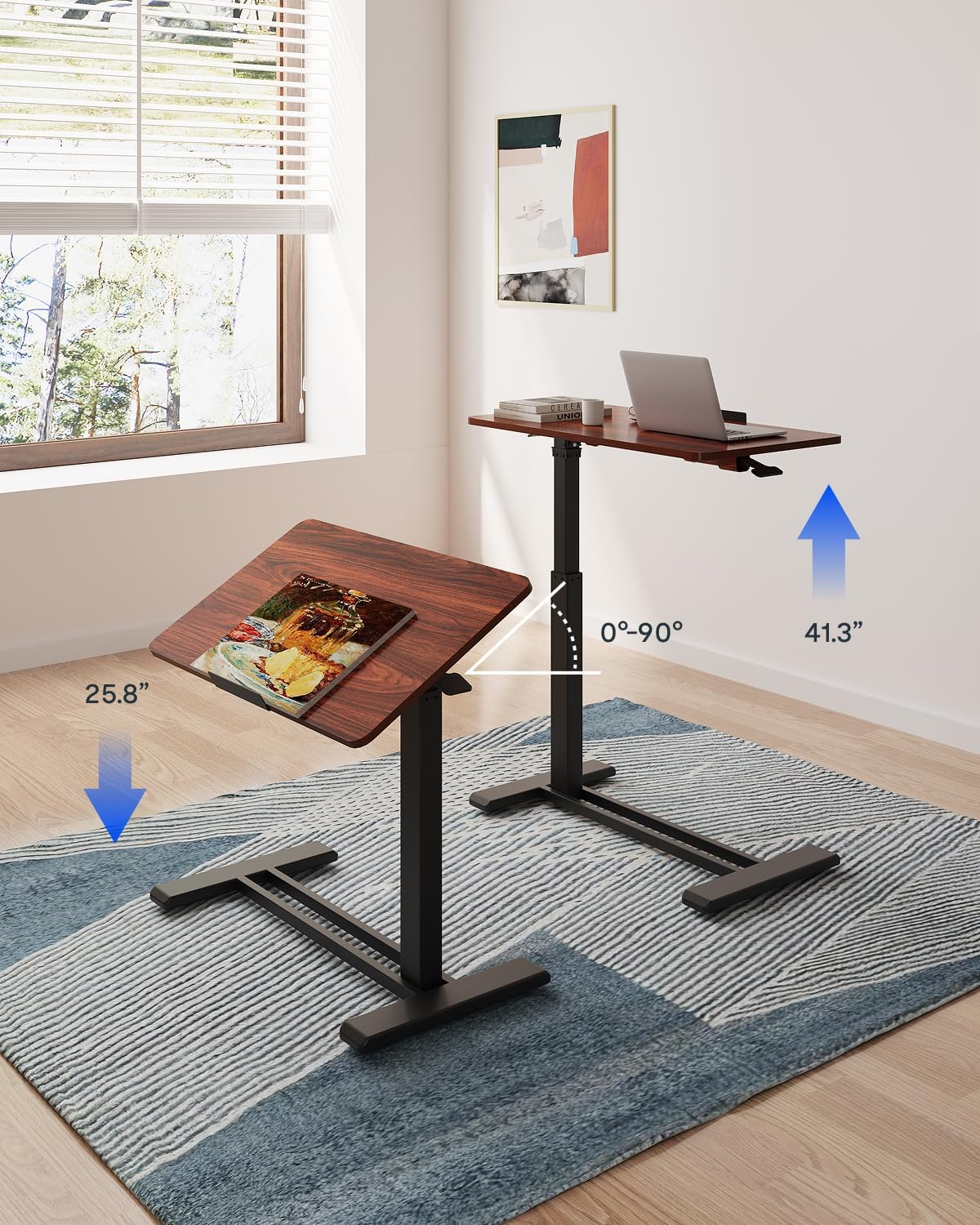FLEXISPOT H7 PRO Mobile Standing Desk Adjustable Overbed Table Pneumatic with Wheels 90°Tiltable Portable Laptop Desk Rolling Computer Cart Foldable Bedside Table(31.5" W x 17.7" D, Mahogany)