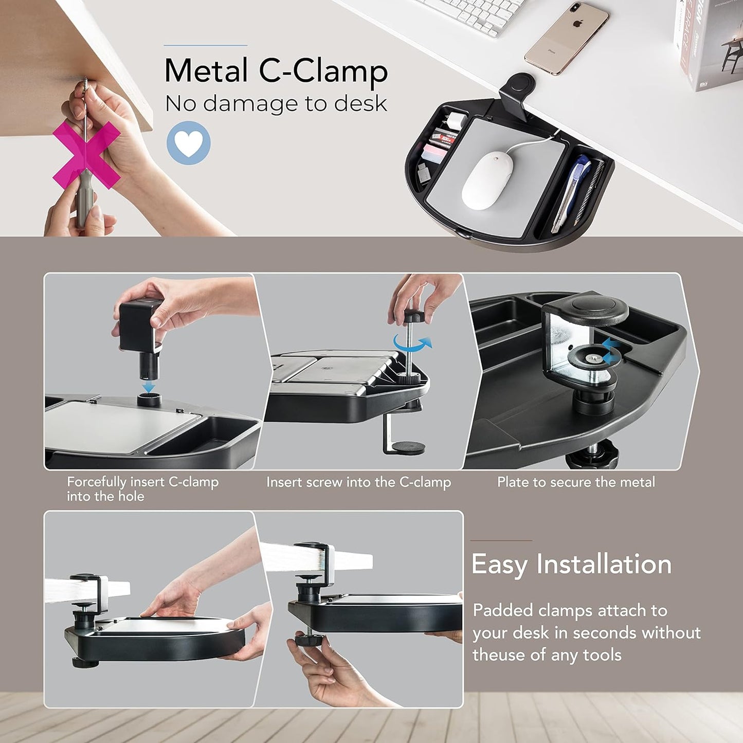 EHO Clamp-On Desk Organizer, Multifunctional with Pencil Drawer, Mouse Pad Storage, Swivel, Spill-Proof, Under Desk Storage, Easy Installation, Reduces Clutter, TAA-Compliant