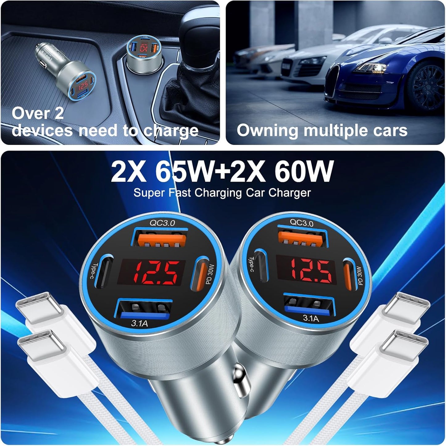 iPhone Fast Car Charger, 65W 4-Port USB C Car Phone Charger Adapter with 2x6FT USB C Cable, Multi Port Cigarette Lighter USB Charger with Voltage Display for iPhone 16 15 Pro Max,iPad,Samsung, Android