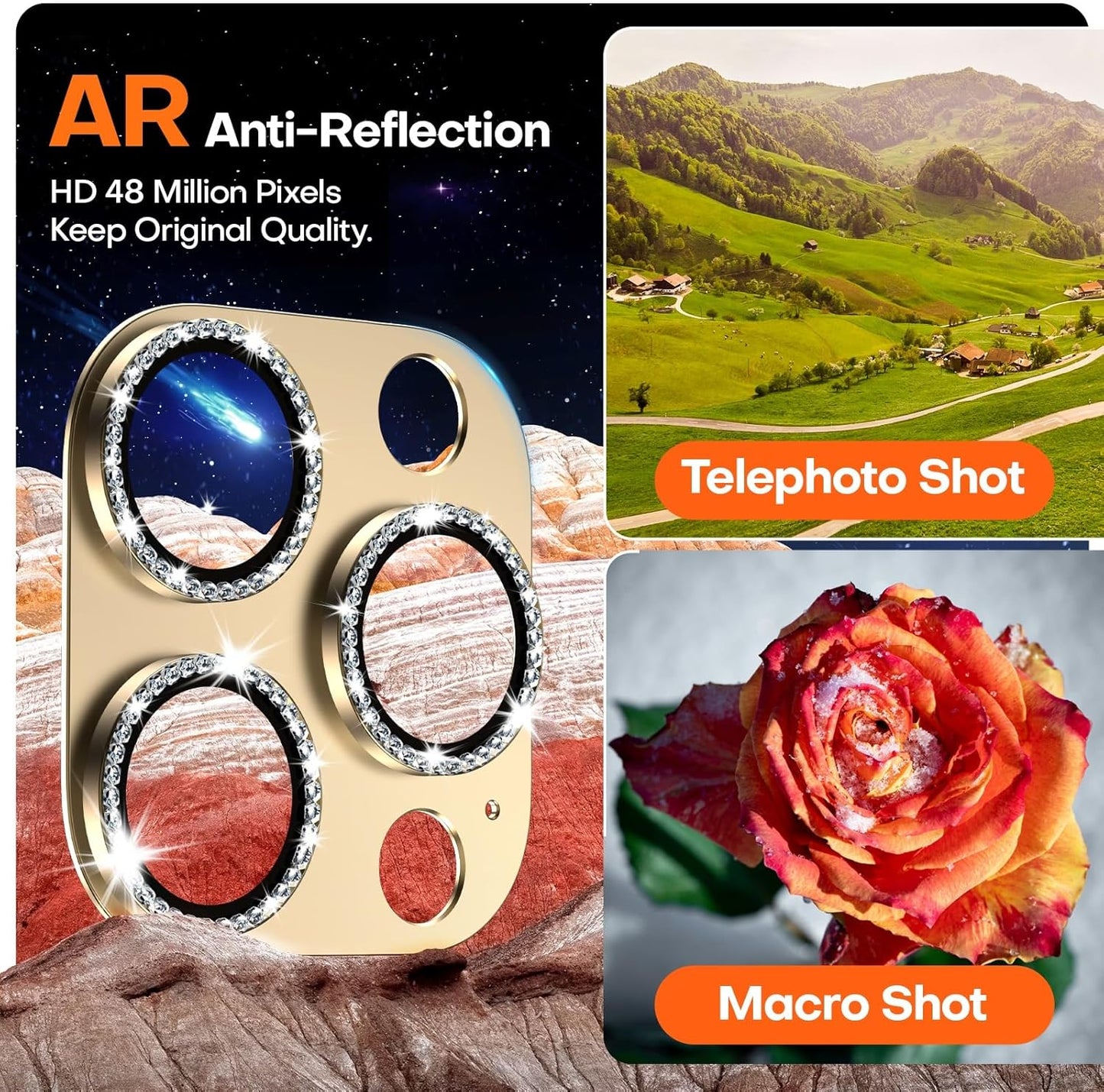 Camera Lens Protector for iPhone 16 Pro Max/16 Pro/iPhone 15 Pro Max/15 Pro/iPhone 14 Pro Max/14 Pro, Aluminum Alloy Sapphire Glass Camera Screen Cover, Case Friendly- Gold Diamond