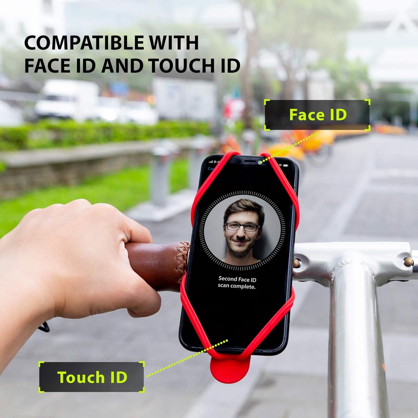 BONE Bike Tie 4, Bike Cell Phone Mount for Handlebar, Scratch-Free Silicone Holder with Anti-Slip Design, Universal Cycling Phone Holder Compatible with Most Smartphones (Red - Handlebar)