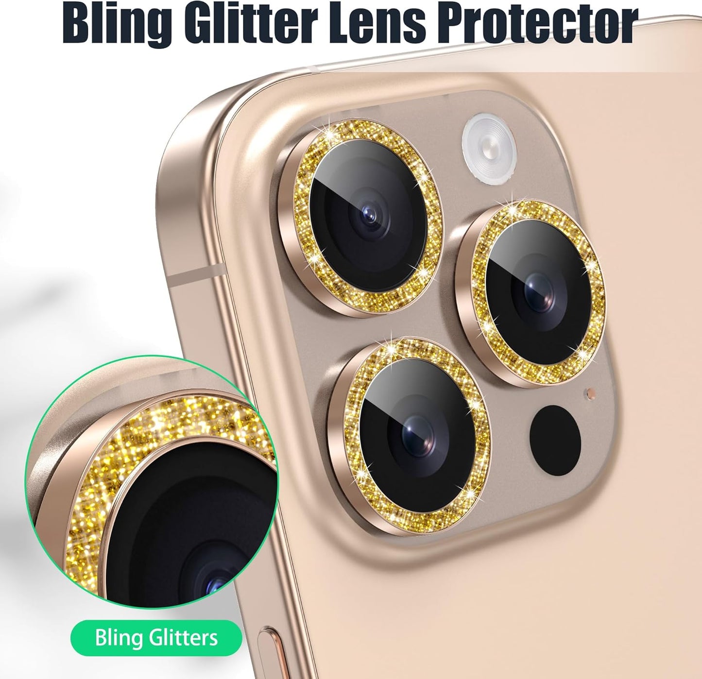 AGVEE 3+3 6 Pack for iPhone 16 Pro 6.3" / 16 Pro Max 6.9" Camera Lens Cover Protector, Bling Glitter & CD-Textured Metal Ring 9H Tempered HD Glass Camera Cover Protector Film, Glitter-Desert