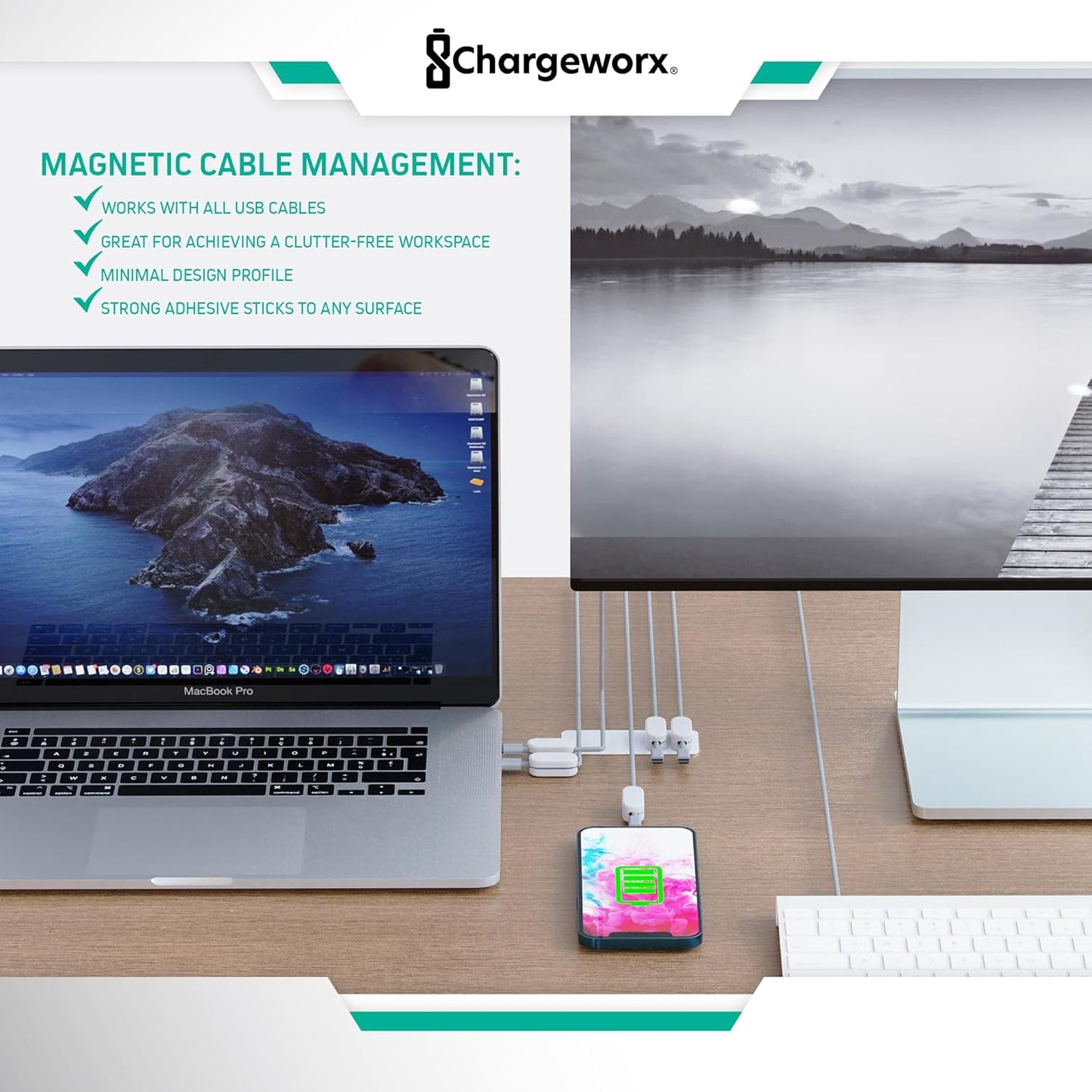 Magnetic Cable Clips [5-Pack] – Chargeworx Cord Organizer for Desk, Nightstand, Car, Wall – Strong Adhesive Wire Holder for USB-C, Lightning, Micro-USB – Tangle-Free, Snap-On, Easy Cable Management