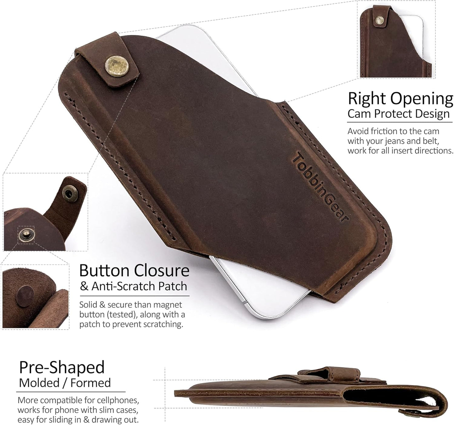 TobbinGear Left-Handed Leather Cell Phone Holster with Belt Clip, Universal Phone Holster for Men Belt Holder, Leather Case for iPhone, Samsung Galaxy Phones, Dark Brown, Medium