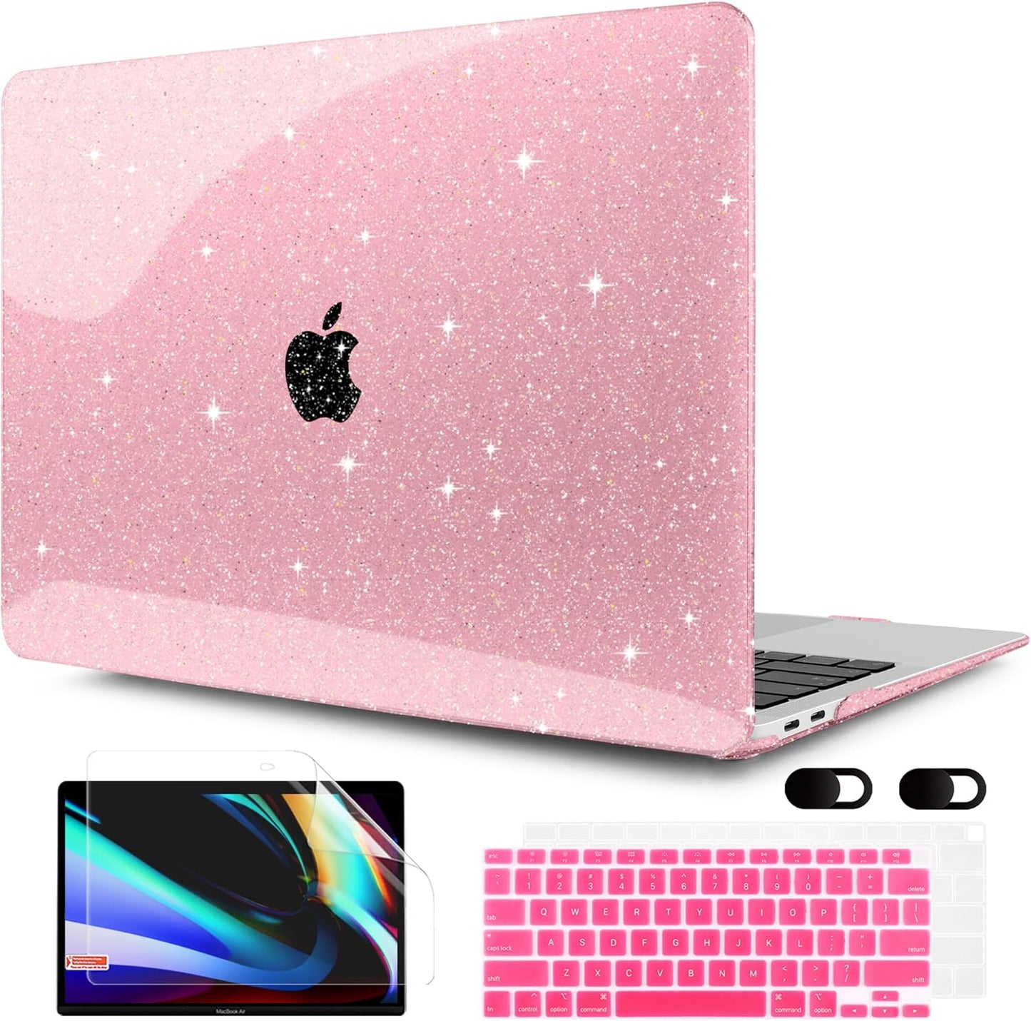 MEEgoodo Case for MacBook Air 13 inch 2021 2020 2019 2018 Released A2337 M1 A2179 A1932 with Touch ID, Thin Soft PC Hard Shell with Keyboard Cover Compatible with MacBook Air Case 13.3, Glitter Pink