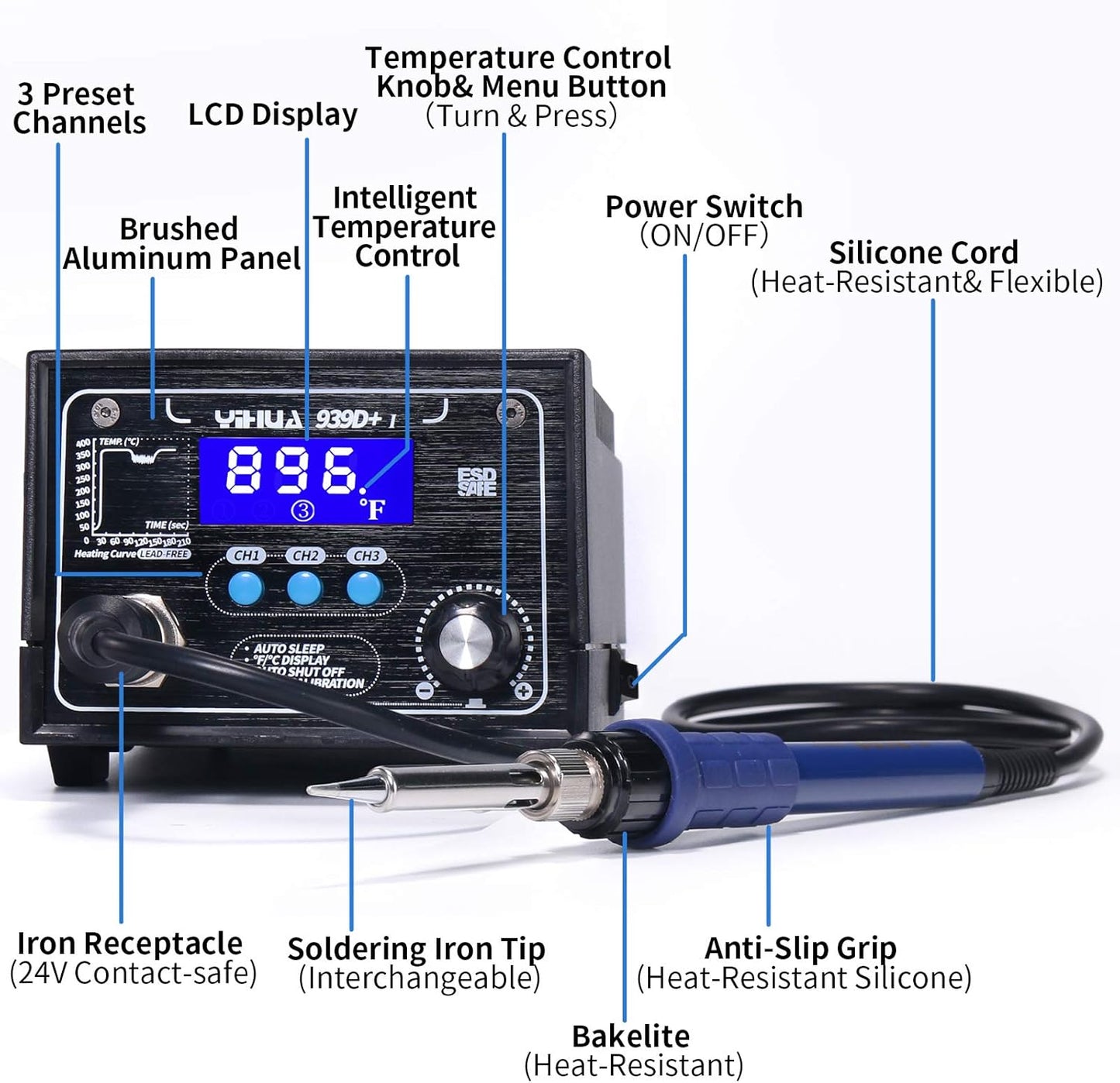 YIHUA 939D+ I Soldering Station, Upgraded, 75 Watt Equivalent with 3 Memories, °C/°F LCD display, Sleep Function, Automatic Shutdown & Brushed Aluminum Panel(Iron-burn Resistant)