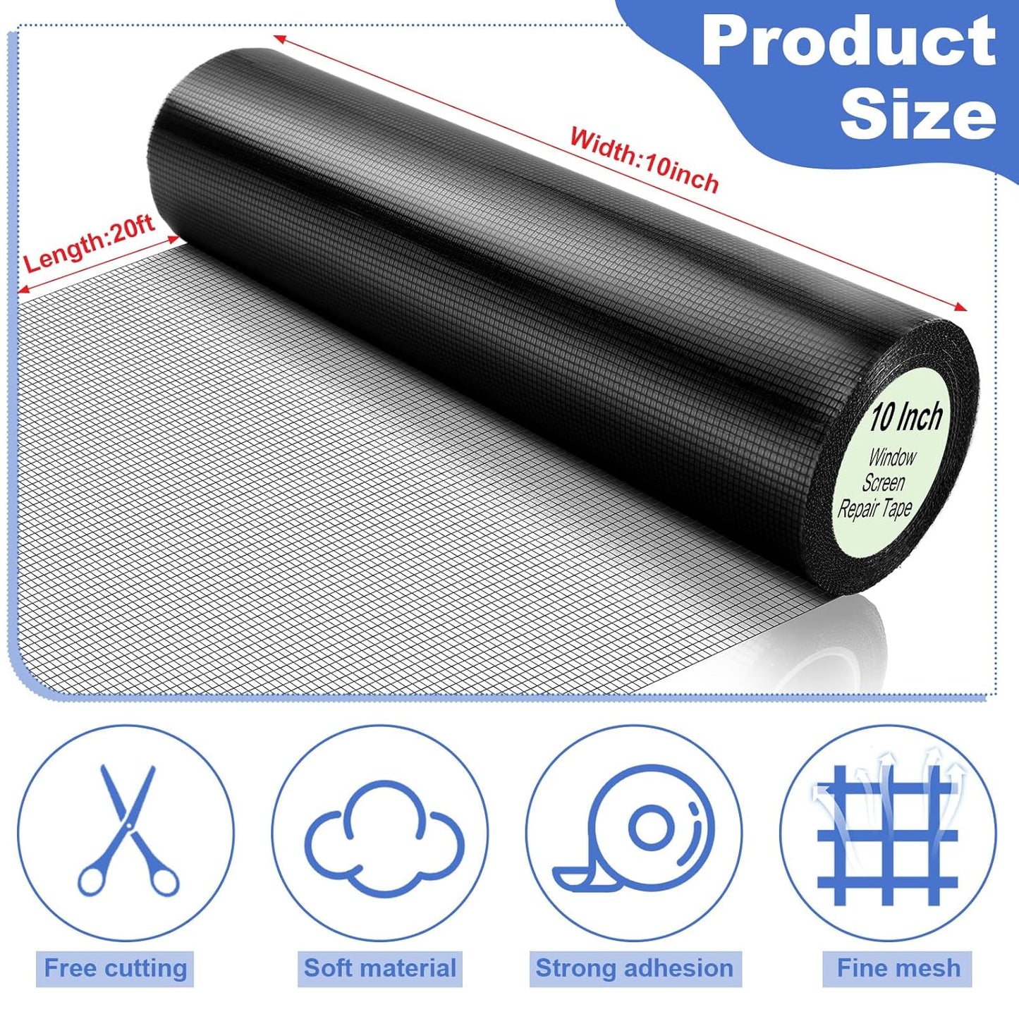 Extra Wide 10 inch x 20 ft Window Screen Tape Mesh Repair Strong Adhesive Waterproof Fiberglass Screen Repair Kit Patch for Window Door Tears Holes(Black)