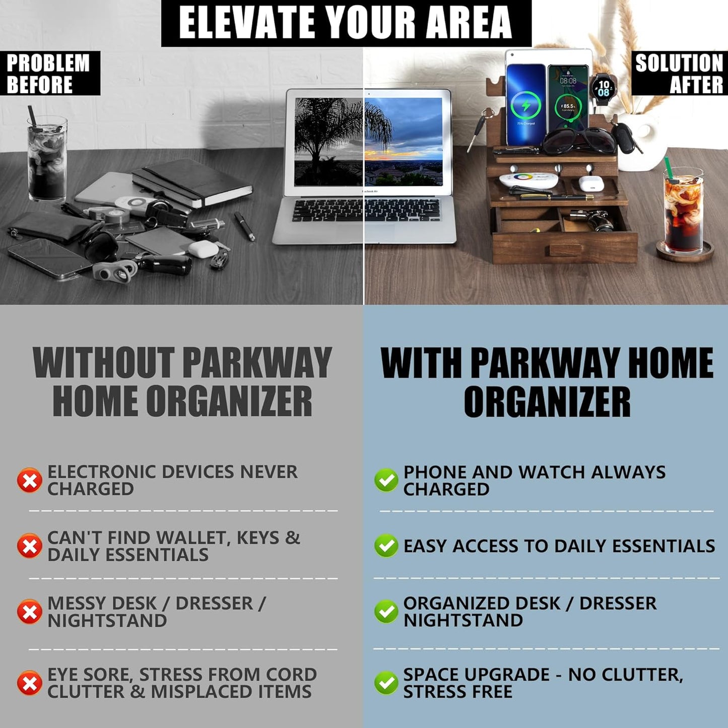 Wood Phone Docking Station for up to 3 Phones, Samsung Galaxy Watch Compatible Nightstand Organizer with Drawer for Valuables for Men & Women, Holds Phones, Tablets, Keys, Rings, Glasses, Watches, EDC