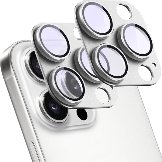 2 Pack Camera Lens Protector for iPhone 15 Pro/iPhone 15 Pro Max,[Not Easy to Breakn ] AR Tempered Glass Strong Adsorption Metal Camera Cover Screen-Silvery