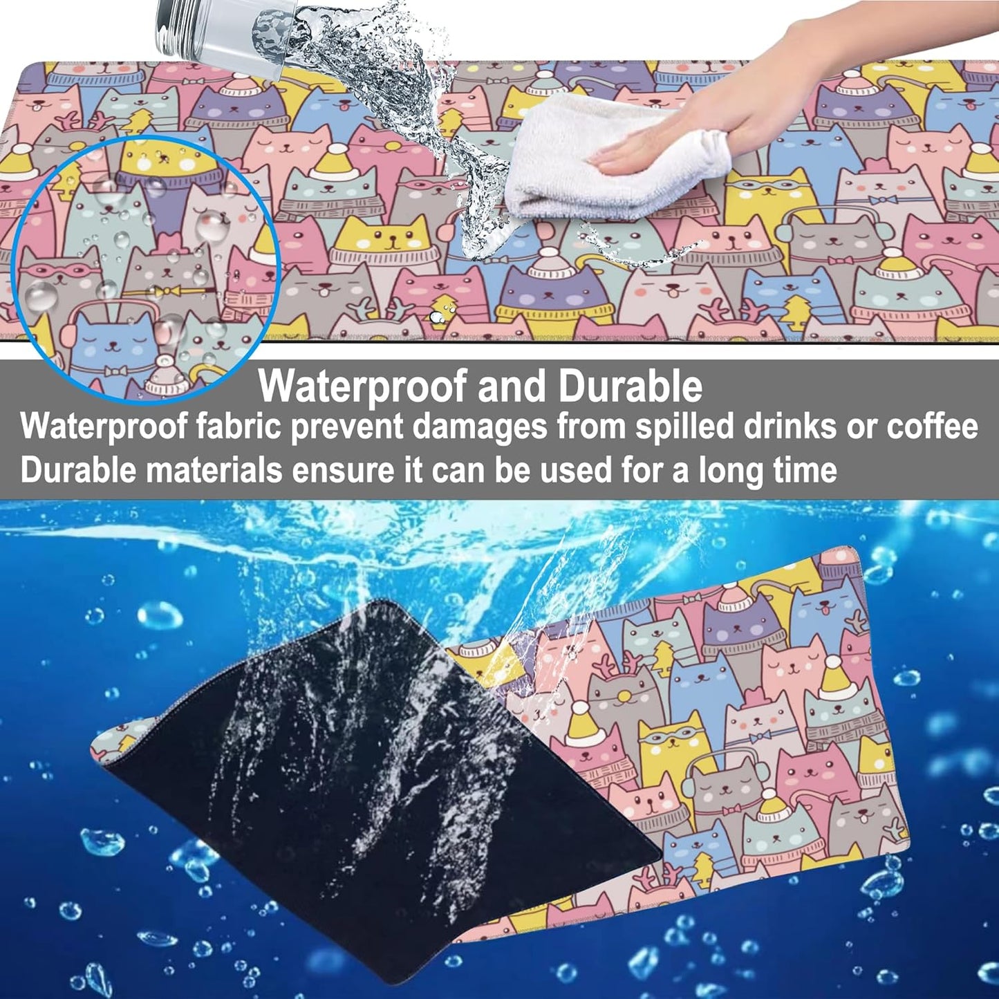 Mouse Pad, Large Cute Christmas Cats Desk Mat, Extended Non-Slip Gaming Keyboard Mousepad Desk Pad, Thick Stitched Edges Waterproof Mouse Mat 31.5"x15.7" (Cartoon Christmas Kittens)