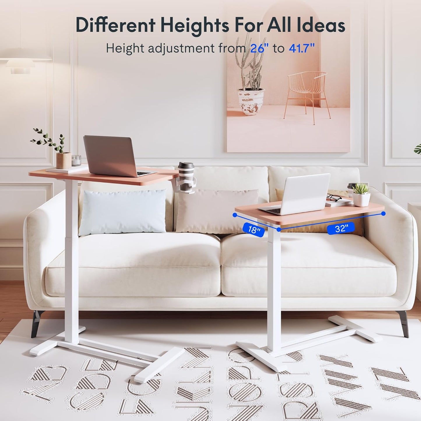 FLEXISPOT H7 Adjustable Overbed Bedside Table with Wheels Pneumatic Mobile Standing Desk Laptop Desk Rolling Computer Cart Movable Overbed Table Hospital Home Use(31.5" W x 17.7" D, Pink)