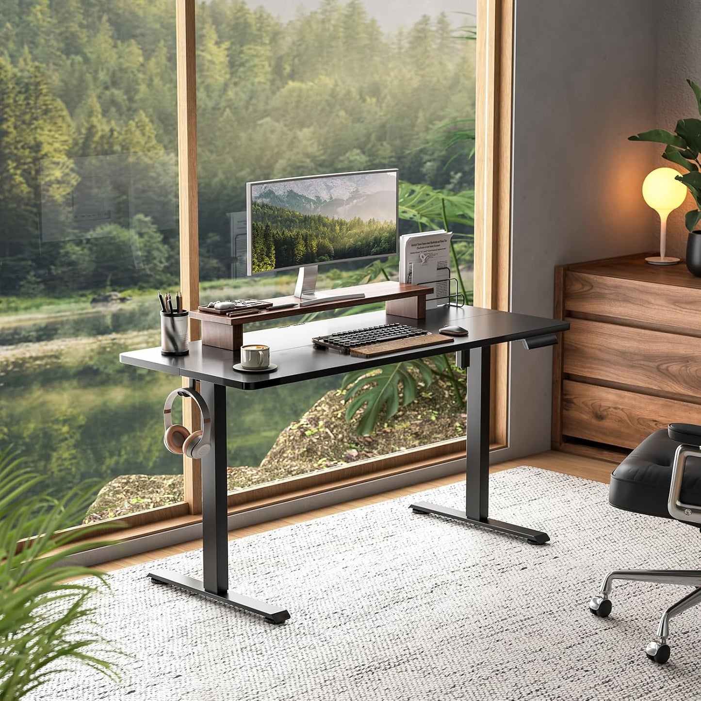 Veken 55 Inch Large Electric Standing Desk, Heights Adjustable,Sit to Stand Up, Work Home Office Computer Table for Study, Walking Pad, Writing, and Games, Wooden Desktop Desks, Black