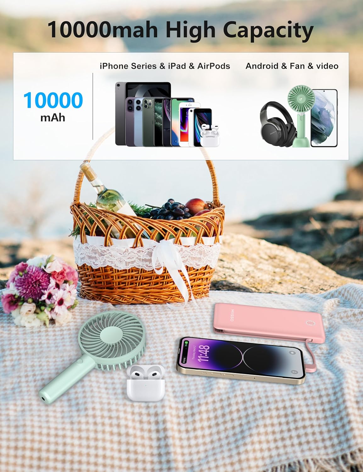 miisso 10000mAh Slim Portable Charger with Built in Cable, Power Bank Travel Charger External Battery Pack for Phone, 4 Output USB Type C Cord Clutch Charger Compatible with iPhone, Light Pink‌