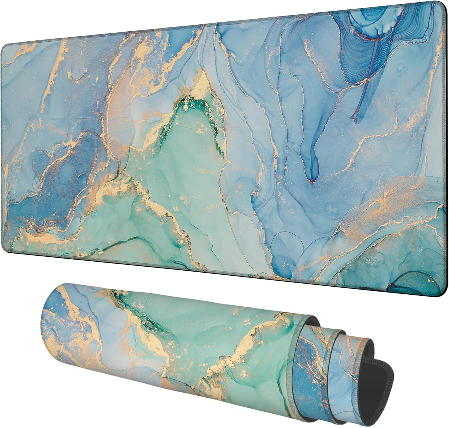 Gaming Desk Pad Large Extra Length Fluid Art Marble Mouse Pad Keyboard Laptop Non-Slip Waterproof with Rubber Base Thick Stitched Edge Mouse Mat for Office Home 35.4 x 15.7 Inches