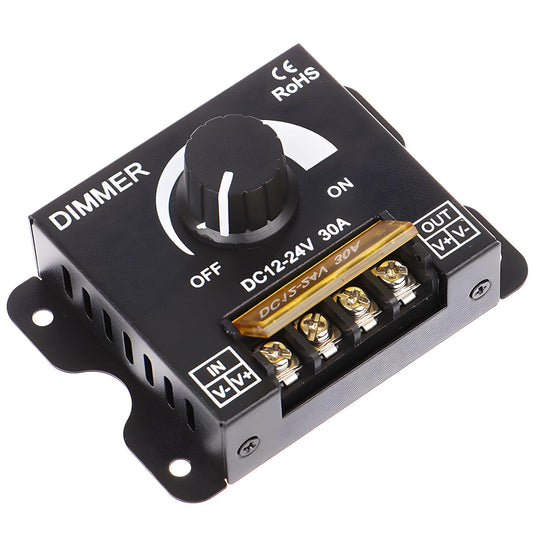 MAYWILLA LED Light Strip Dimmer Controller,DC 12V-24V 30A PWM Stepless Dimming Switch with Adjust Brightness ON/Off Knob and Aluminum Case for Single Channel 5050 3528 LED Light Strip