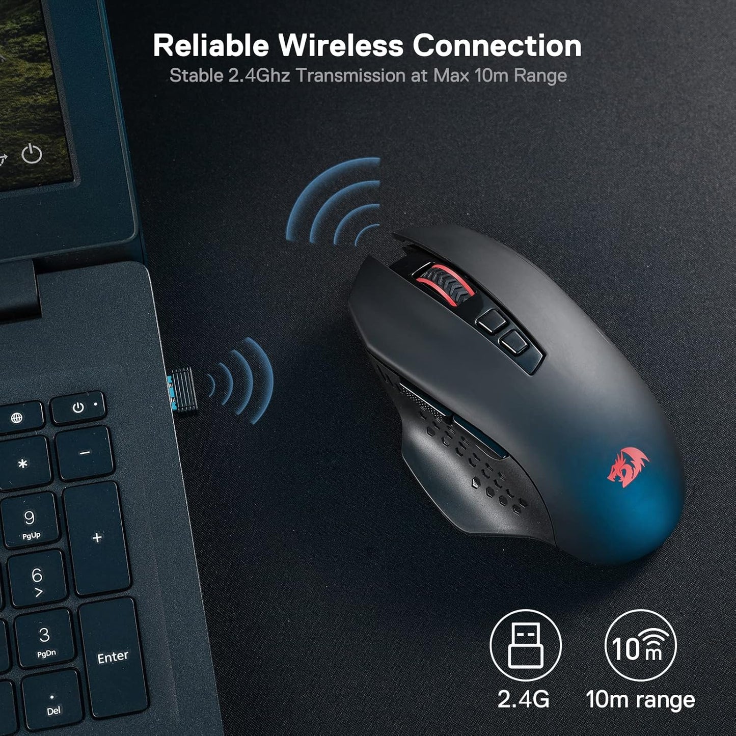 Redragon M656 Gainer Wireless Gaming Mouse, 4000 DPI 2.4Ghz Wireless Mouse w/ 5 DPI Levels, 7 Macro Buttons, Red LED Backlit & Pro Software/Drive Supported, for PC/Mac/Laptop