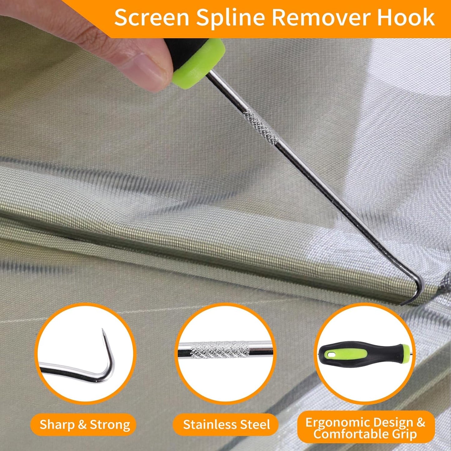 4 in 1 Window Screen Repair Tool Kit,Including 32Ft Spline(Diameter 0.137IN),Steel Roller Tool with Bearing,Spline Removal Hook and High Quality Scissors,for Installing Door and Window Mesh Screens.