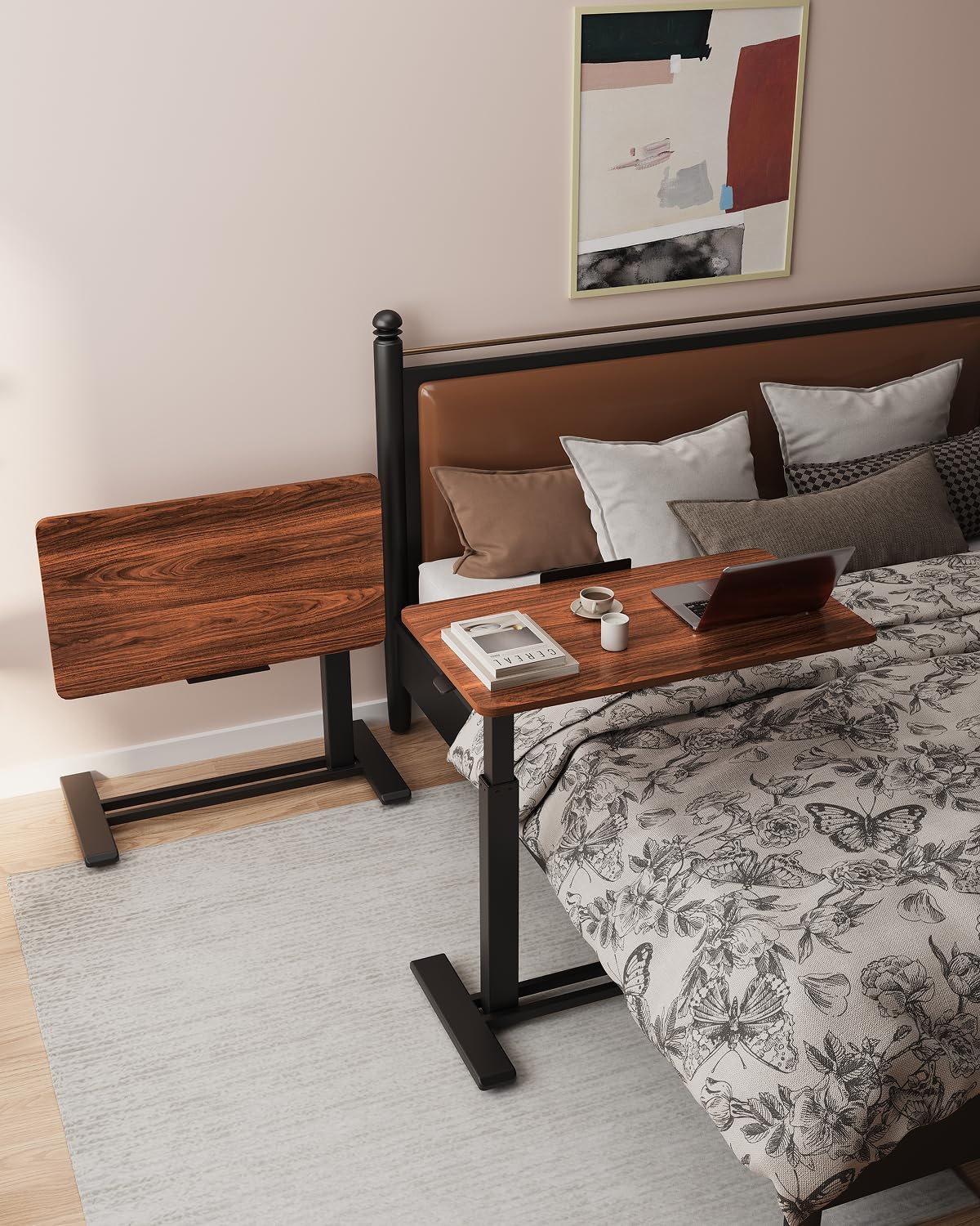 FLEXISPOT H7 PRO Mobile Standing Desk Adjustable Overbed Table Pneumatic with Wheels 90°Tiltable Portable Laptop Desk Rolling Computer Cart Foldable Bedside Table(31.5" W x 17.7" D, Mahogany)