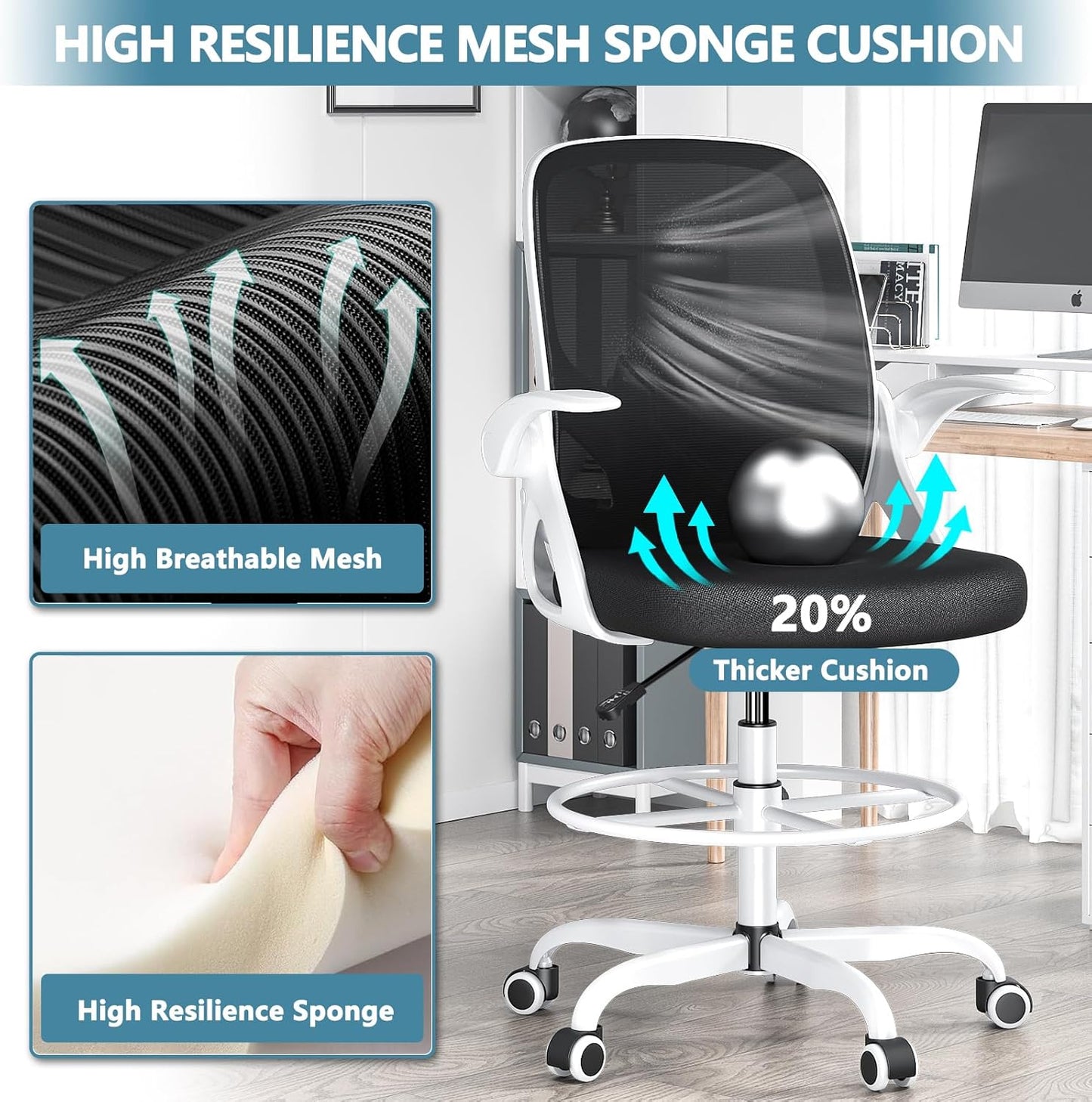 Tall Drafting Chair with Footrest Ring for Home and Work, Ergonomic Home Desk Office Chair with Flip up Arms and Lumbar Support, Extended Height Executive Desk Office Chair(White)