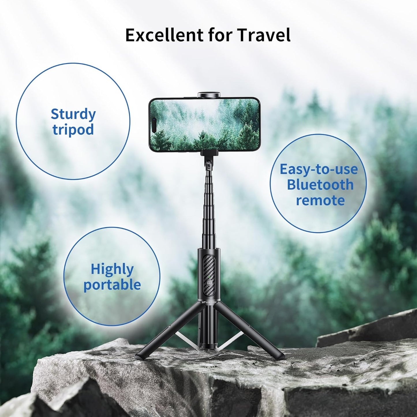 ATUMTEK Selfie Stick Tripod, Extendable 3 in 1 Aluminum Bluetooth Selfie Stick with Wireless Remote and Tripod Stand for iPhone 16/15/14/13/12/11/11 Pro/XS Max/XS/XR/X/8/7, Samsung Smartphones, Black
