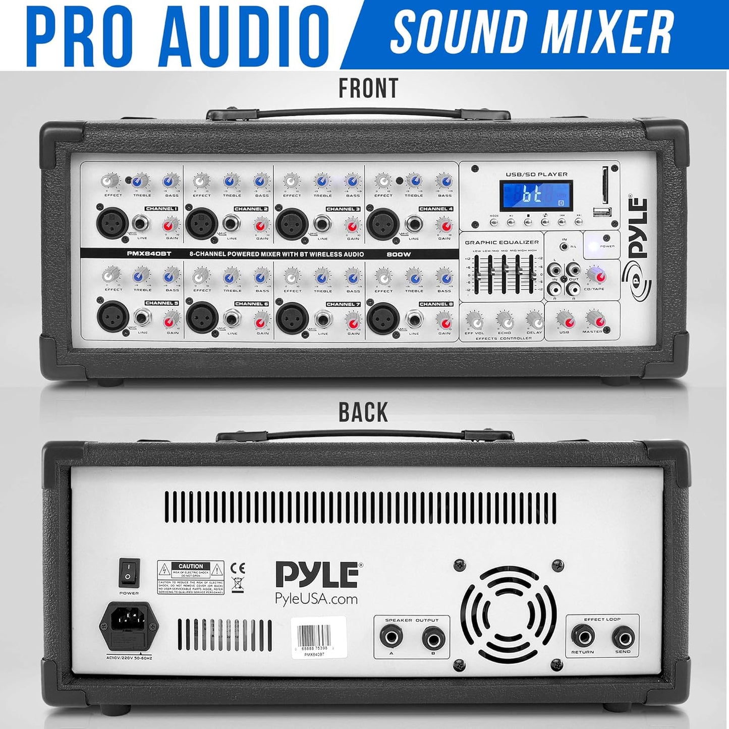 Pyle 800W Bluetooth Stage Powered Mixer - 8-Channel Pro Audio Sound System with MP3/USB/SD Readers - RCA/1/4” Effects Loop - Aux Input - Digital LCD Display - Built-in Cooling Fan - PMX840BT