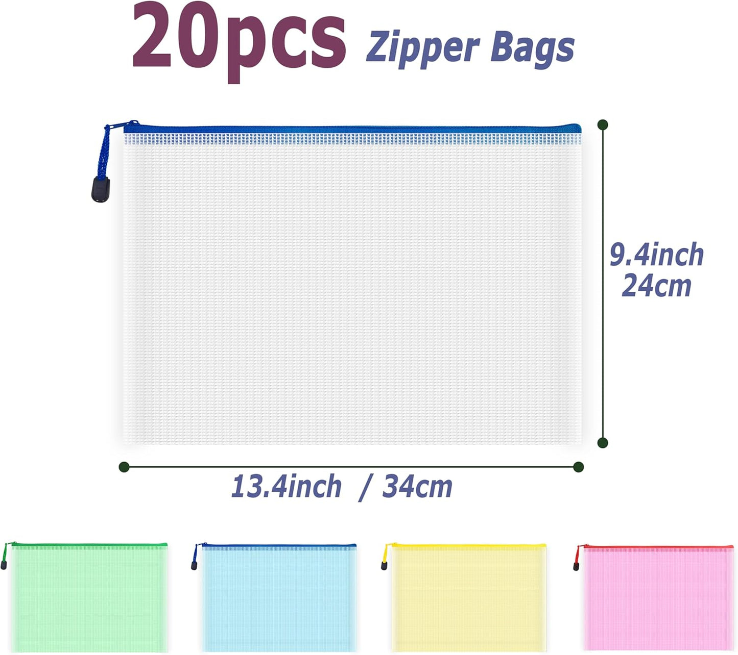AUSTARK 20 Pcs Zipper File Bags, Plastic Mesh Pouch, Board Game Storage Bag, Waterproof Bags for Office School (A4 Size 13.4''x9.4'', Multicolored)