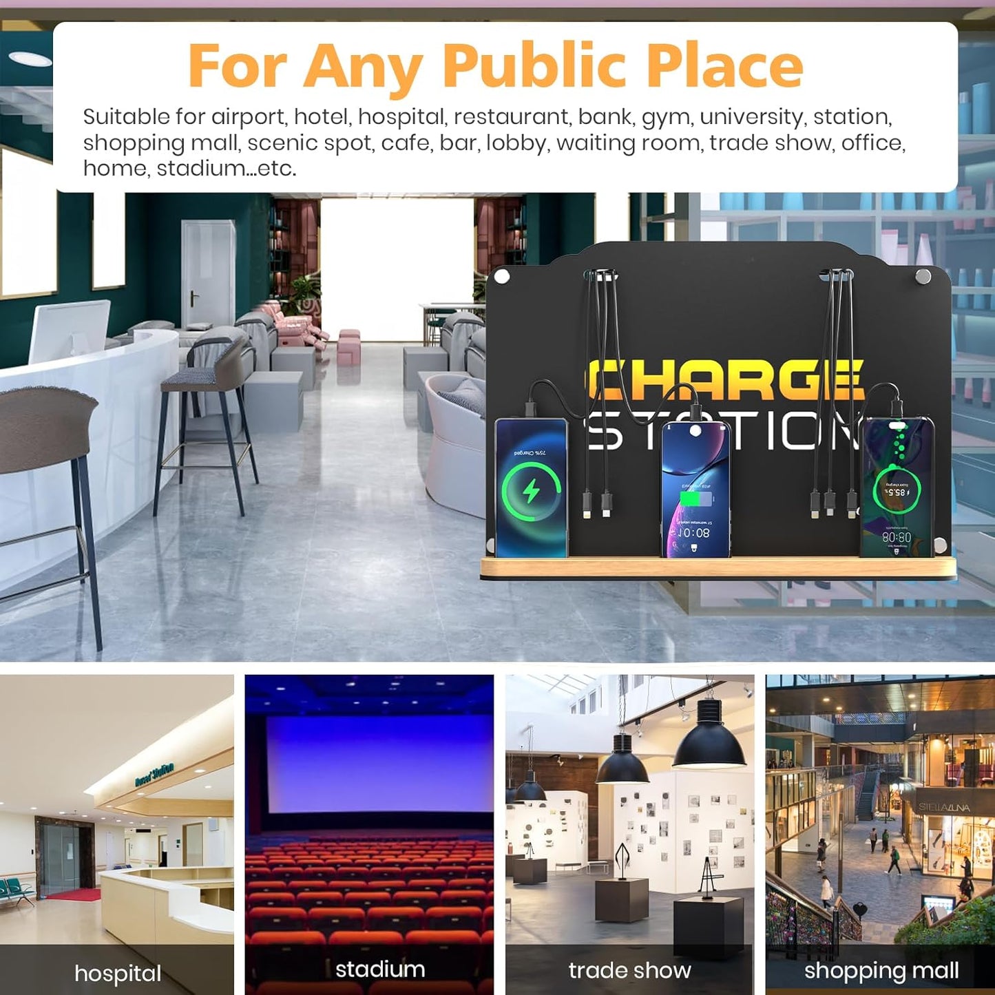 Wall Mount Charging Station with 8 Ports Phone Charger | Advertising Cell Phone Charging Station with Bamboo Organizer | Application for Schools, Office, Library, University