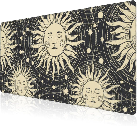 Mouse Pad, Large Golden Sun with a Face and Orbits Desk Mat, Extended Non-Slip Gaming Keyboard Mousepad Desk Pad, Thick Stitched Edges Waterproof Mouse Mat 31.5"x15.7" (Boho Pattern)