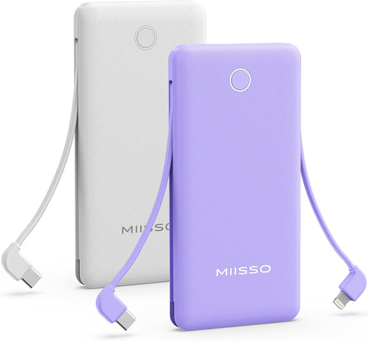 10000mAh Slim Portable Charger with Built in Cable, Power Bank Travel Charger External Battery Pack for Phone, 4 Output USB Type C Cord Clutch Charger Compatible with iPhone, 2 Pack White & Purple