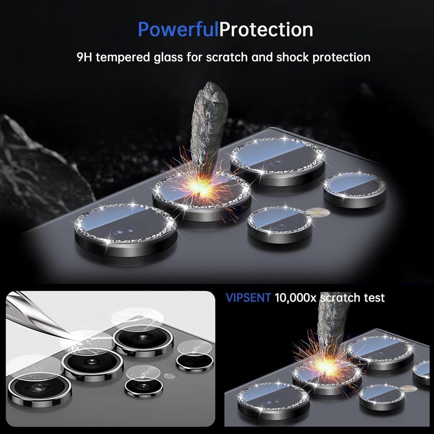 For Samsung Galaxy S25 Ultra Camera Lens Protector, Individual Lens Protector, Ultra HD 9H Tempered Glass Screen Protective Cover, Anti-scratch, Military Grade Drop Protection 2 Set. (Glitter Black, S25 Ultra)
