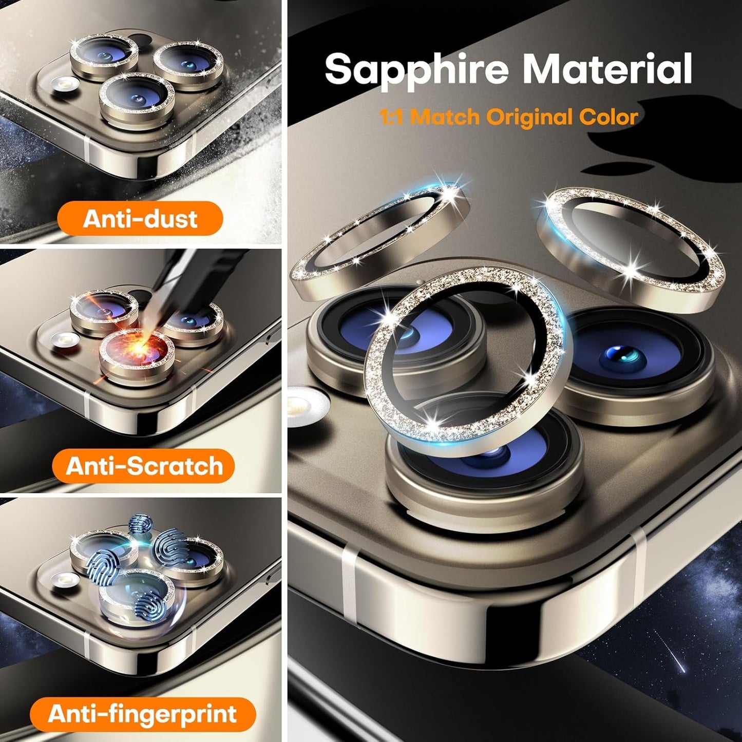 Camera Lens Protector for iPhone 16 Pro Max/16 Pro/15 Pro Max/15 Pro/14 Pro Max/14 Pro, Sapphire Glass Metal Individual Camera Cover Screen, Anti-drop, Case Friendly- Glitter Natural Titanium