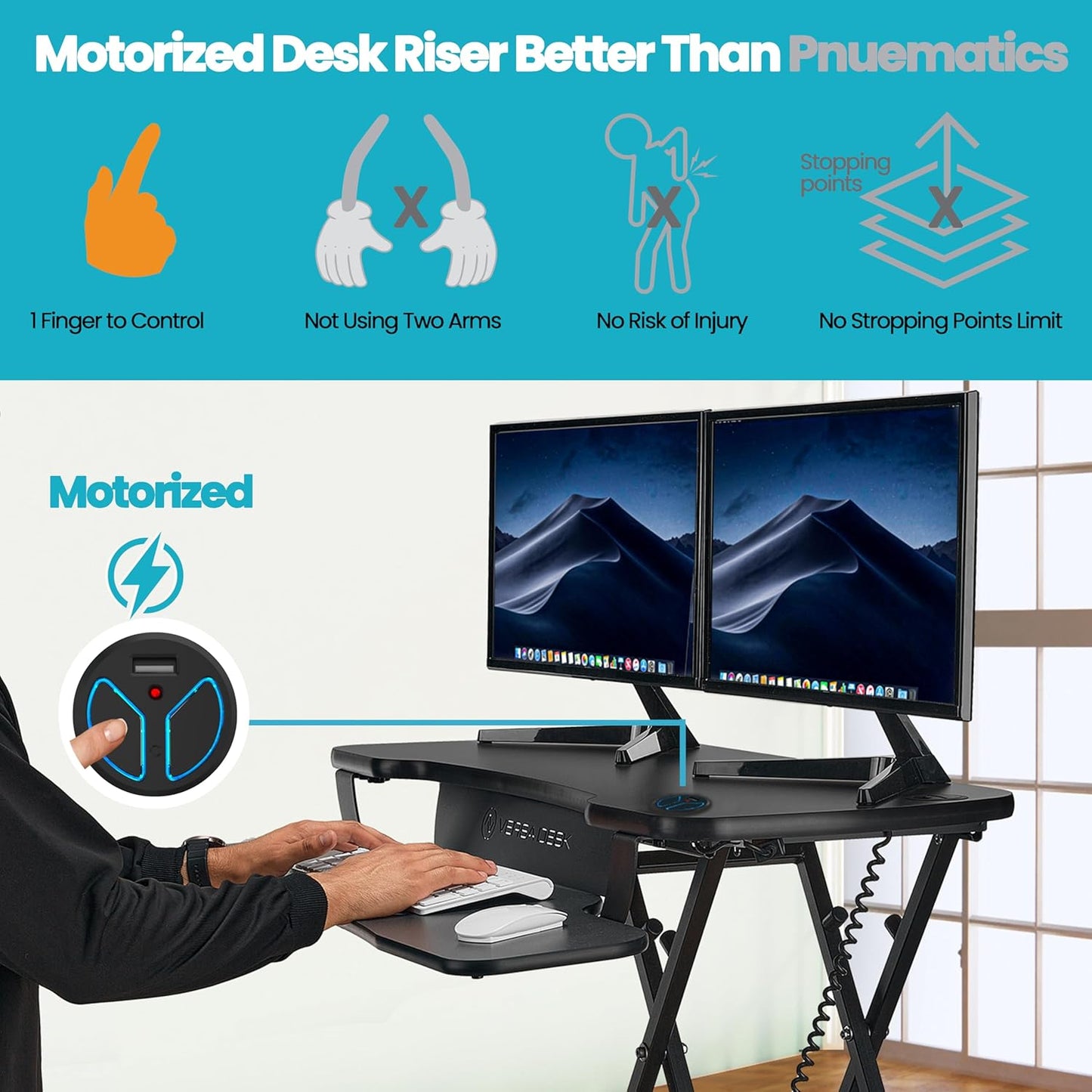 VERSADESK® PowerPro™ 48” x 24” Extra Wide Electric Sit-to-Stand Desk Converter w/ Keyboard Tray for Home or Office | USB Charging Port | Supports Multiple Monitors | Lifts 80 lbs. - Black