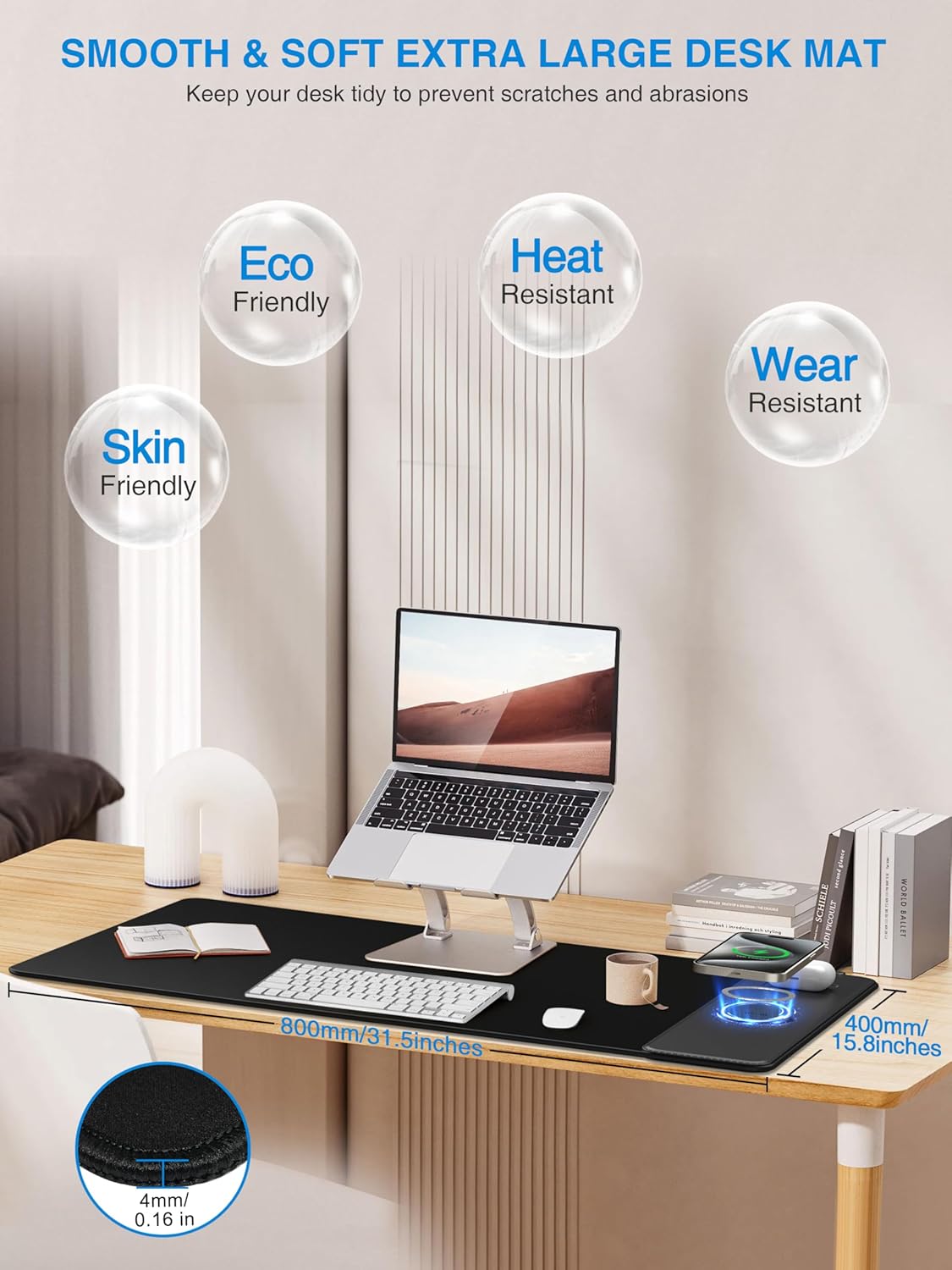 TopMade Mouse Pad with 15W Wireless Charging, Gaming Mousepad Home Office Large Desk Pad with Ultra-Smooth Surface, Non-Slip Base, Waterproof Keyboard Pad, Classic Black Desk Mat