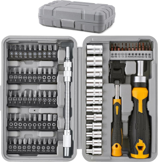 Hi-Spec 78pc Multi Screw Driver Bit Set and 1/4 inch Socket Set with Handles. Flexible Extension, Precision, Torx and Tamperproof 1/4 inch Hex Screwdriving Bit Accessories in a Case