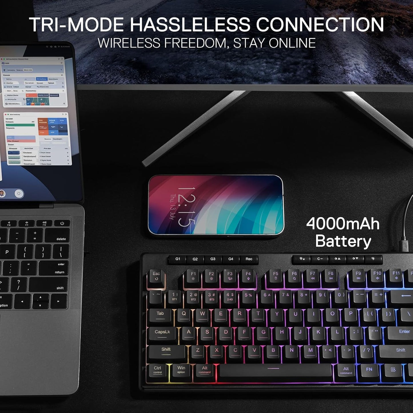 Redragon K516 PRO Shiva TKL RGB Wireless Membrane Gaming Keyboard, 87 Keys Mechanical-Feel Keyboard w/Smooth Linear Switch, On-Board Macro & Multimedia Keys, 16.8M RGB Backlit, Software Supported