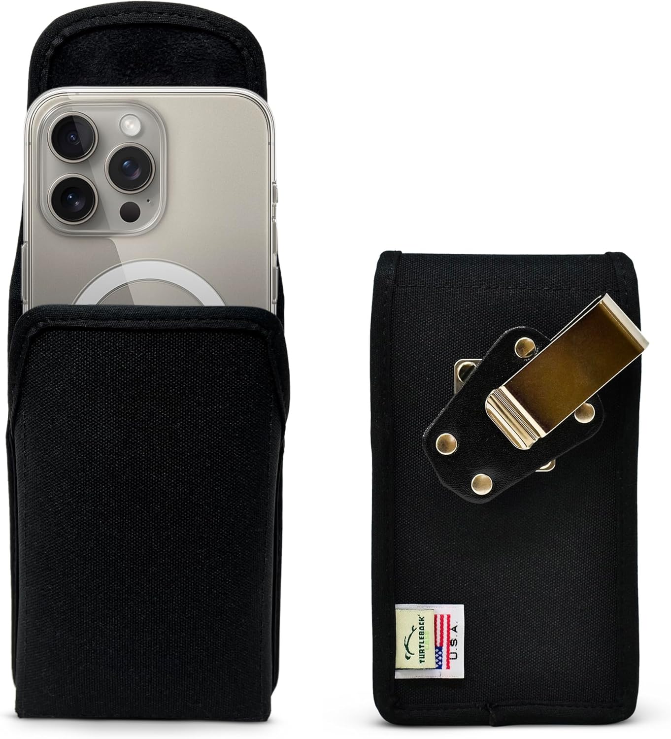 Turtleback Belt Clip for iPhone 16 Pro, 16e, 15 pro 14 Pro 13 Pro -Small- Fits w/Slim MagSafe Style Cases - Premium Black Nylon, Vertical Belt Holder, Magnetic Closure, HD Rotating Belt Clip