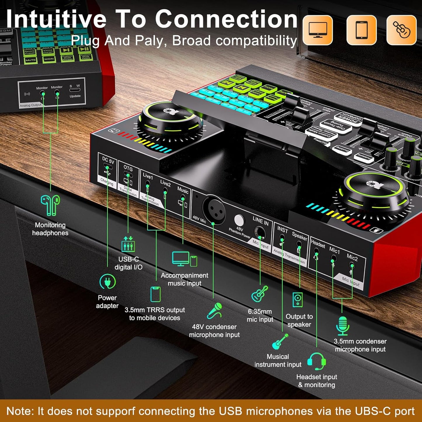 Podcast microphone bundle, live sound card, streaming audio mixer, podcast equipment bundle for PC/mobile live streaming, singing, gaming, soundboard with voice changer and noise reduction function