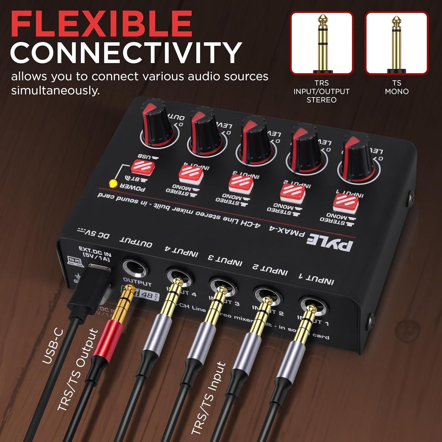 Pyle 4-Channel Wireless Bluetooth 5.0 Line Mixer - USB Audio Interface - 4 Mono/Stereo Inputs - Ultra-Low Noise - High Headroom - Built-in USB-C Sound Card - Compact Metal Chassis - PMAX4