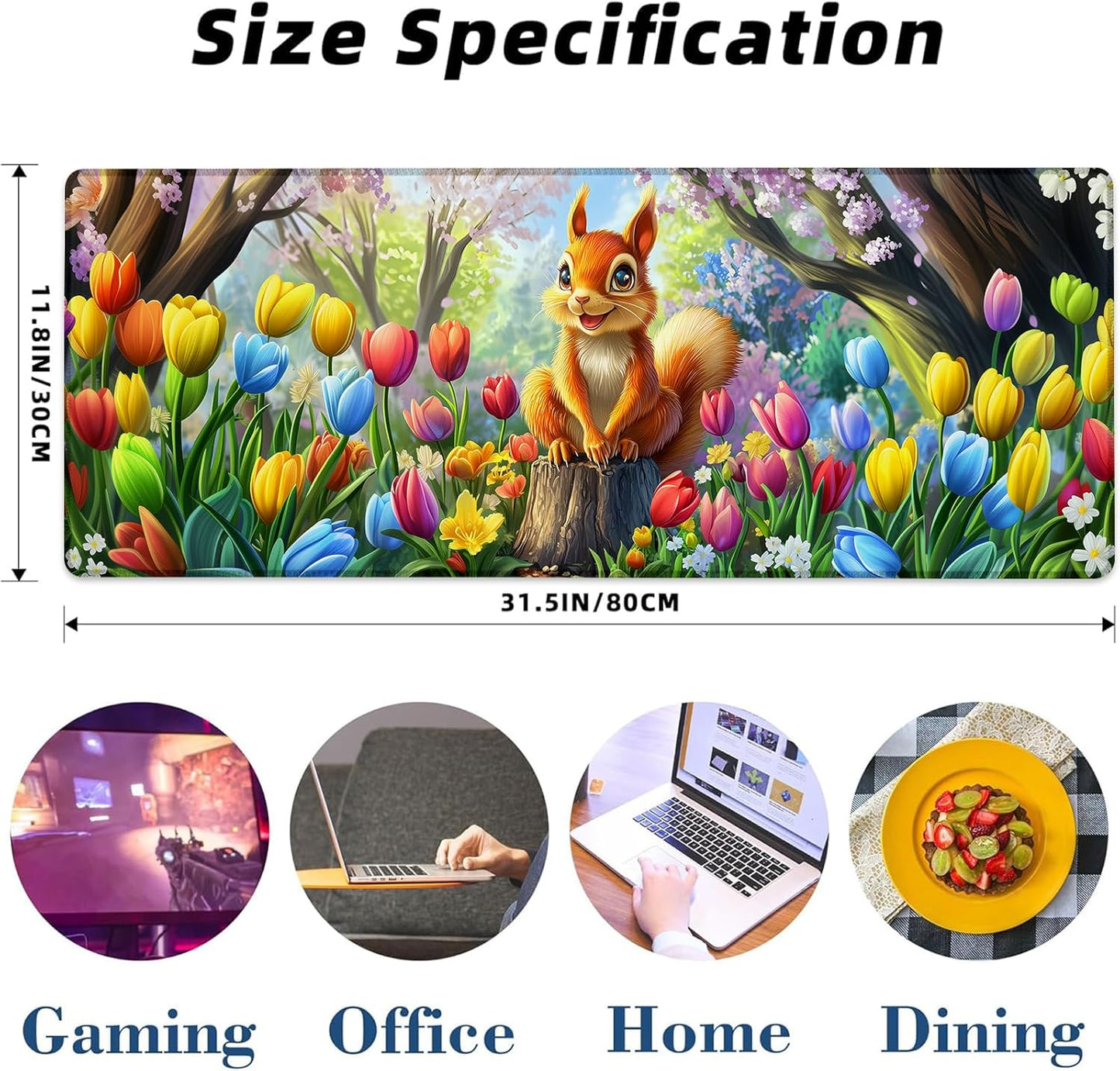 Adorable Squirrel Gaming Mouse Pad, Colorful Tulip Mousepads for Gaming Home Office Work, Extended Mats Computer Keyboard Laptop, 31.5×11.8 Inch Large Desk Mat with Non-Slip Rubber Base