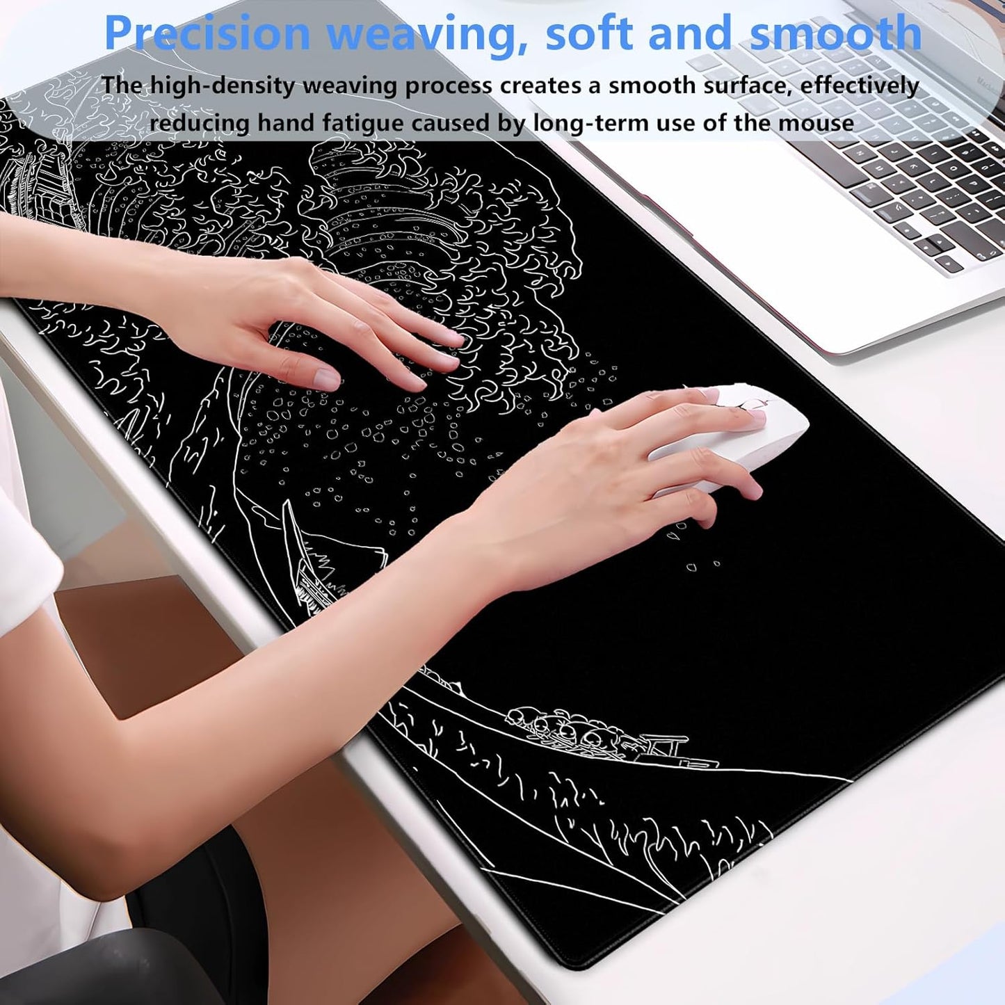 Japanese Great Wave Off Kanagawa Gaming Mouse Pad - XL Extended Ukiyo-e Art Desk Mat, Non-Slip Waterproof Rubber Base & Stitched Edges, 31.5 x 15.7 Inch Large Computer Mousepad