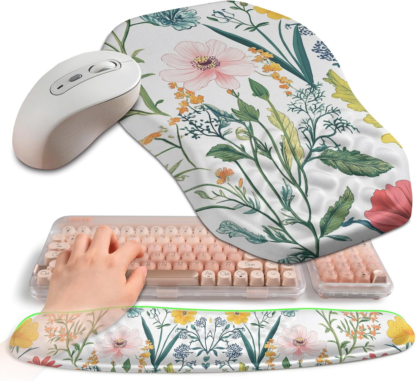 2-in-1 Ergonomic Set, Wave Keyboard Wrist Rest and Massage Slope Mouse Pad Wrist Support, Rebound Memory Foam for Relieve Carpal Tunnel Syndrome and Wrist Pain (Pink Flowers)