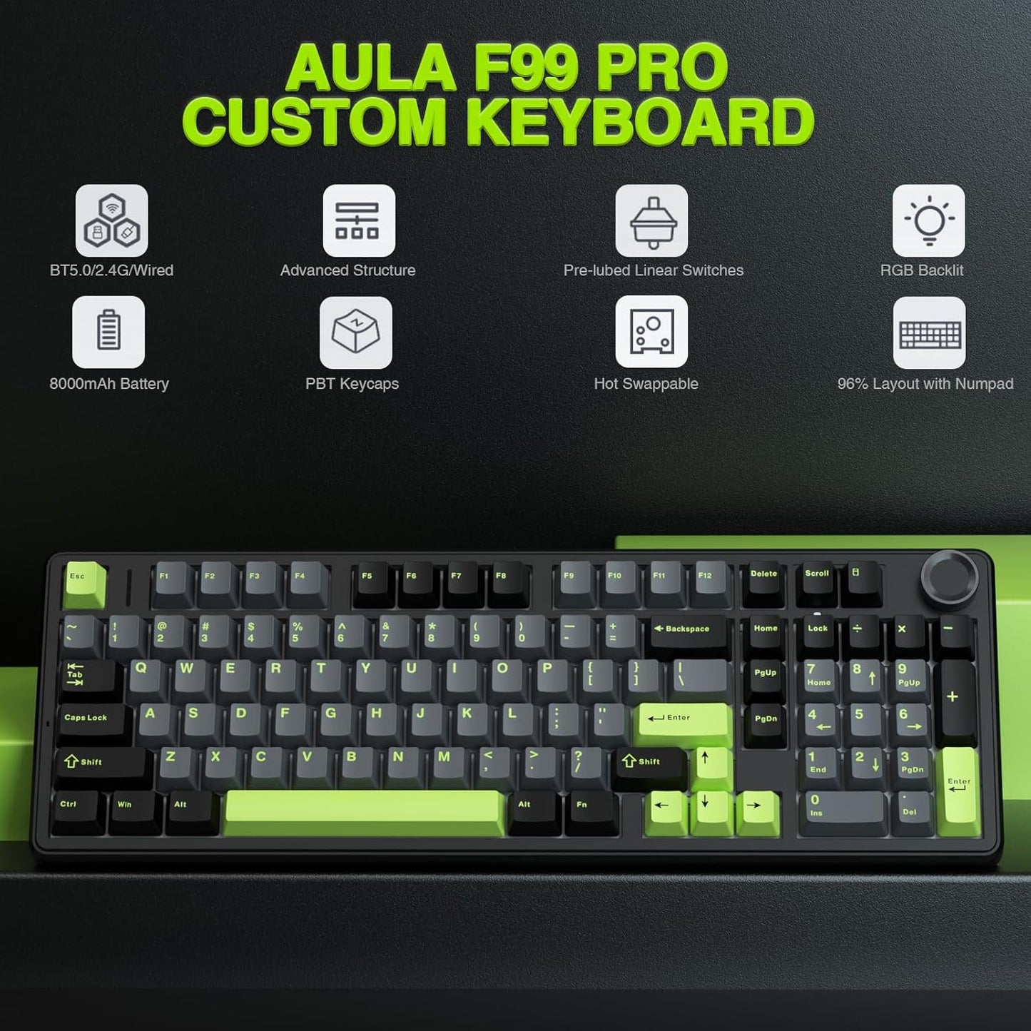 AULA F99 Pro Wireless Mechanical Keyboard with Knob,Tri-Mode BT5.0/USB-C/2.4GHz Hot Swappable Custom Keyboard,Pre-lubed Linear Switches,RGB Backlit Computer Gaming Keyboards