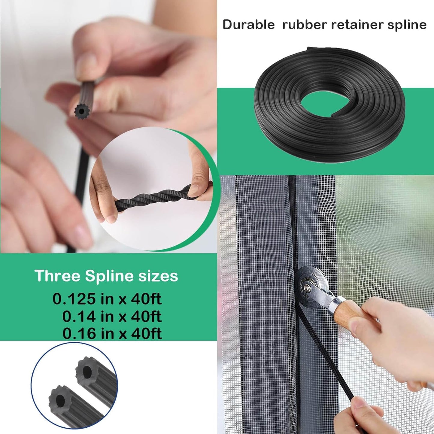 Window Screen Spline, (.125" x 40ft +.14" x 40ft +.16" x 40ft) 3 Sizes in 1 Kit - Screen Retainer Spline for Window Screen Replacement, Black, Tooltriz
