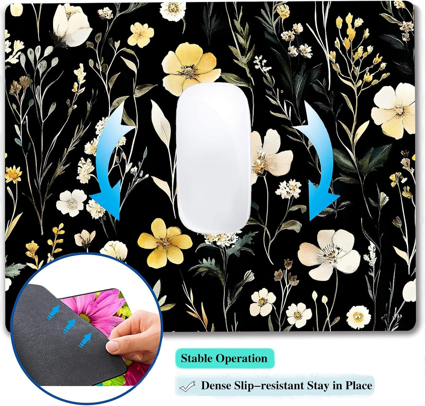Wildflowers Aesthetic Floral Custom Mouse Pad with Non-Slip Rubber, Small Square Design for Wireless Laptop & Computer Mouse Pads for Desk, 9.5 x 7.9 inch Smooth Surface for Gaming & Office