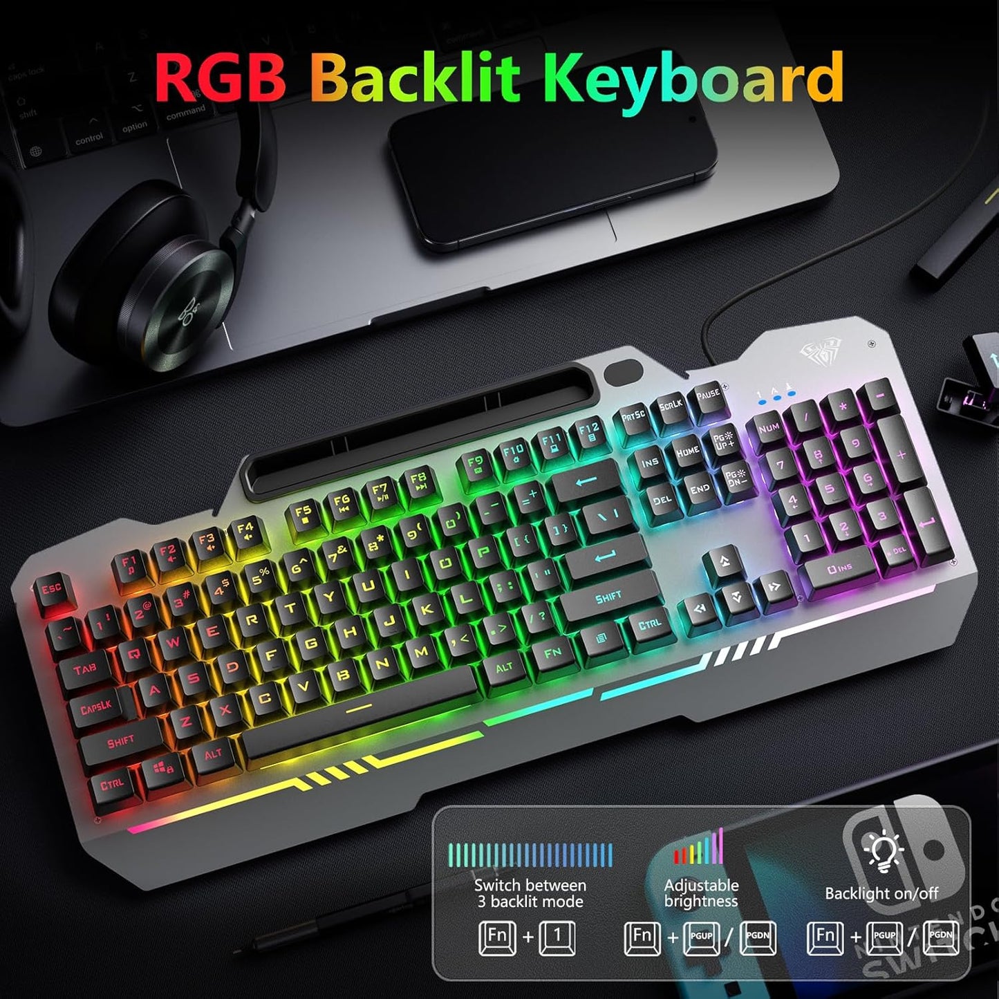 AULA Keyboard, T102 104 Keys Gaming Keyboard and Mouse Combo with RGB Backlit Number Pad, All-Metal Panel Waterproof Light Up PC Keyboard, USB Wired Computer Keyboards Gaming for MAC Xbox PC Gamer