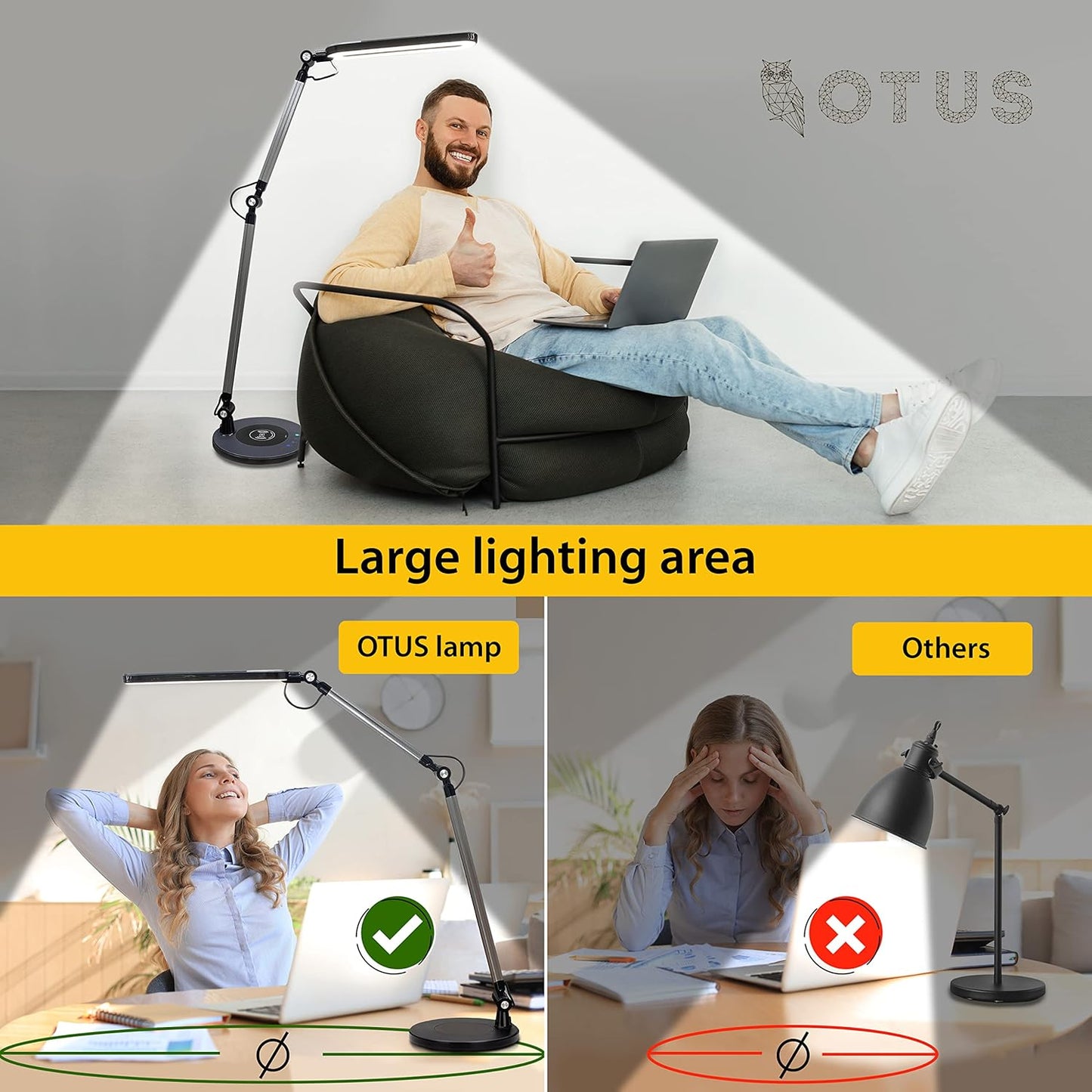 OTUS LED Desk Lamp for Home Office with Wireless Charger | 3 Color & 12 Dimmable Levels | Tall Architect Desk Lamp Adjustable Swing Arm | Eye-Care Task Table Lamp for Reading, Study & Video Calls