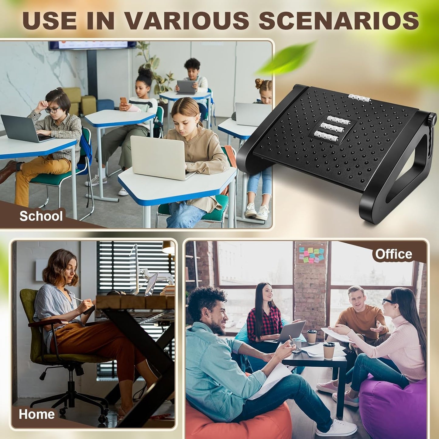 2 Pcs Foot Rest for Under Desk at Work, Ergonomic 6 Heights Adjustable Footrest with Massage Roller, Chair Footrest for Leg Rests for Office and Home Pressure Relief(Black)