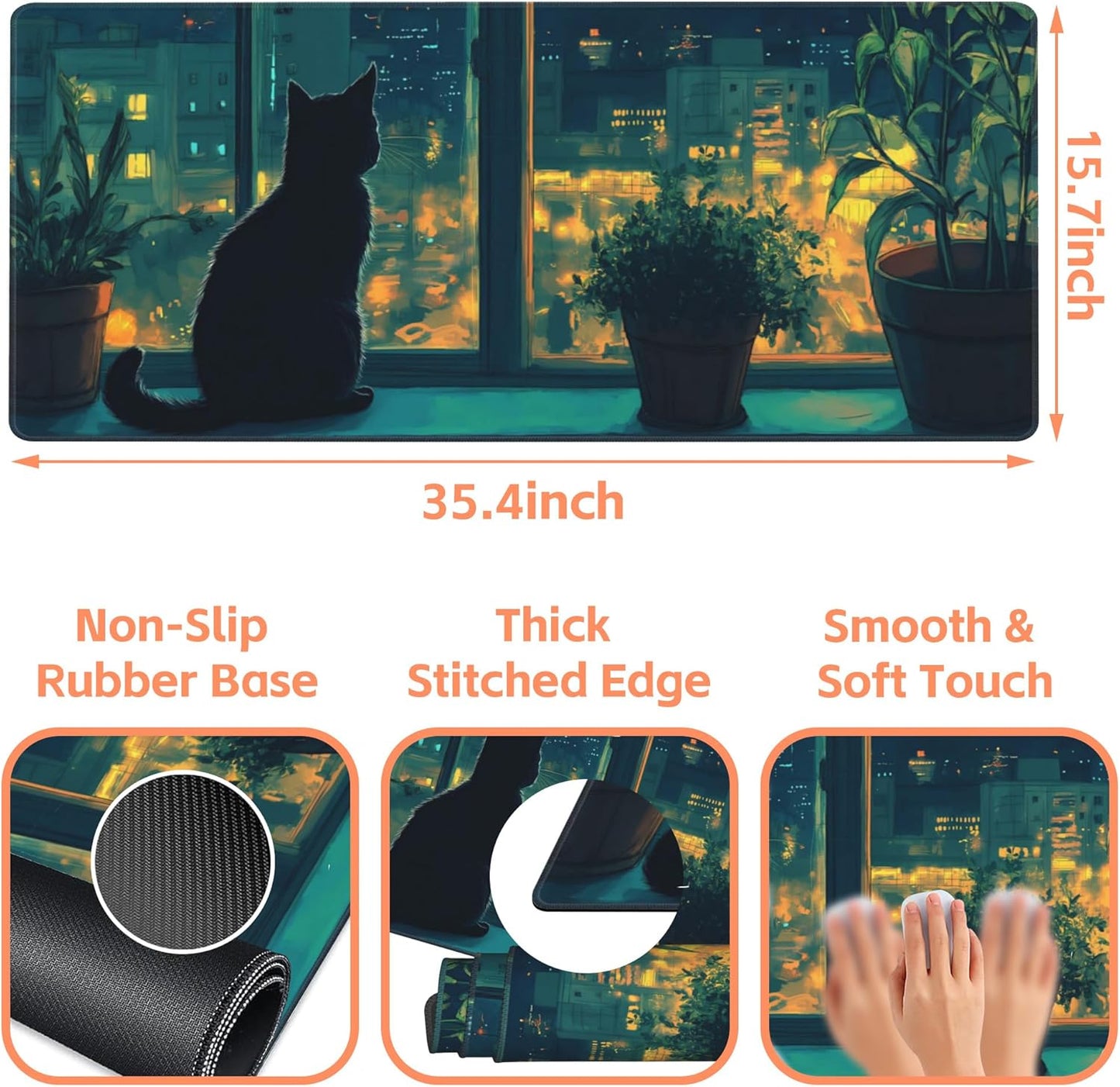 Mouse Pad Large Cat Sitting on The Windowsill Non-Slip Game Desk Mat with Stitched Edge Laptop Keyboard Desk Pad for Work Home Gaming (35.4 x 15.7 Inches)